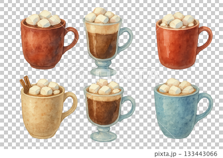 Png watercolor mugs with marshmallows isolated on transparent background. concept of cozy drinks, hot chocolate cups, winter beverages, coffee illustration, warm dessert design 133443066