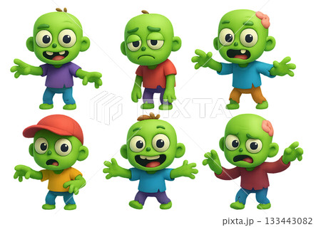 Png set of funny zombie characters with various expressions isolated on transparent background. concept of halloween decor, cartoon monsters, spooky party elements. 133443082