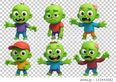 Png set of funny zombie characters with various expressions isolated on transparent background. concept of halloween decor, cartoon monsters, spooky party elements. 133443082