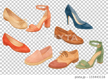 Png watercolor set of elegant women's shoes including heels, loafers, and sandals isolated on transparent background. concept of fashion footwear, stylish shoes, wardrobe essentials. 133443116