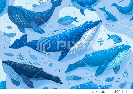 海を泳ぐクジラの背景デザイン、やさしい青色のクジラパターン 133443179