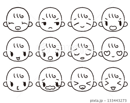 手描きの赤ちゃんの表情セット白黒1 133443273