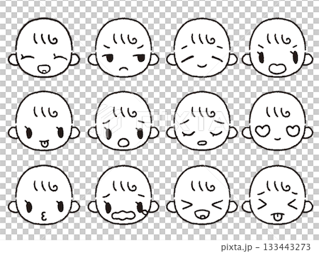 手描きの赤ちゃんの表情セット白黒1 133443273