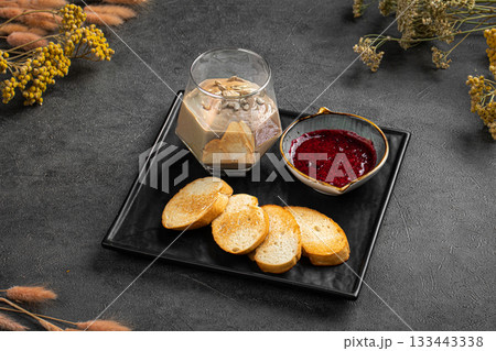 Chicken liver pate with toast and sauce Chicken liver pate with toast and sauce 133443338
