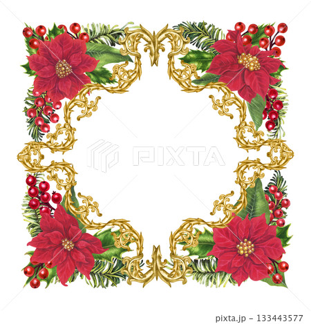 Christmas card square template with red poinsettias, vintage gold vignette frame, holly berries. Botanical watercolor corner bouquet for home decor, cards, stickers, scrapbook, greeting cards 133443577
