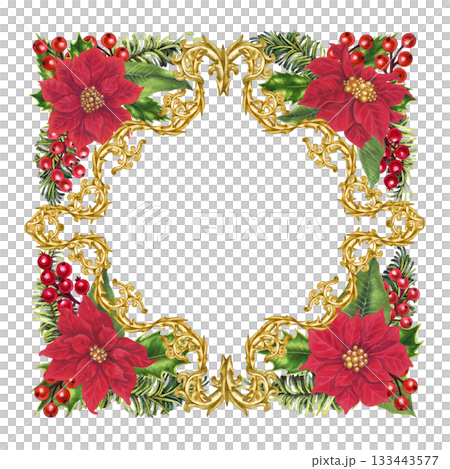 Christmas card square template with red poinsettias, vintage gold vignette frame, holly berries. Botanical watercolor corner bouquet for home decor, cards, stickers, scrapbook, greeting cards 133443577