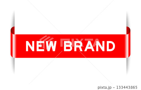 Red color inserted label banner with word new brand on white background 133443865