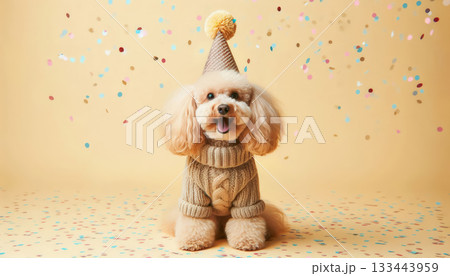 Cute dog with party hat on celebration background. 133443959