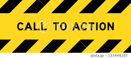 Yellow and black color with line striped label banner with word call to action 133444297