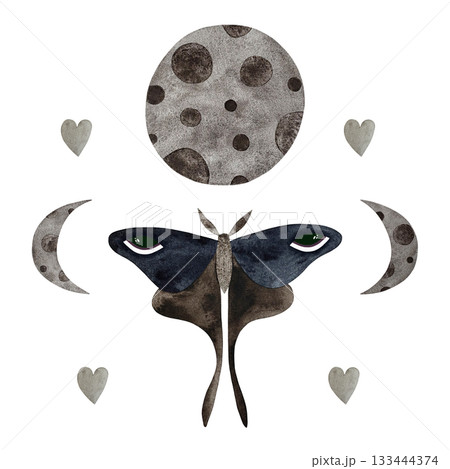 Watercolor blue moon moth and moon phases. Moth with eyes on wings, full, waxing, waning moons on white. Watercolor blue moon moth and moon phases. Moth with eyes on wings, full, waxing, waning moons on white. 133444374