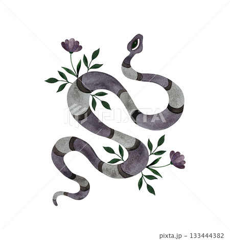 Watercolor lilac striped snake with flowers. Stylized snake with lilac flowers/green leaves isolated on white. 133444382