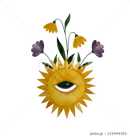 Watercolor sun and flowers. Stylized sun with eye and wildflowers growing from it isolated on white. 133444383