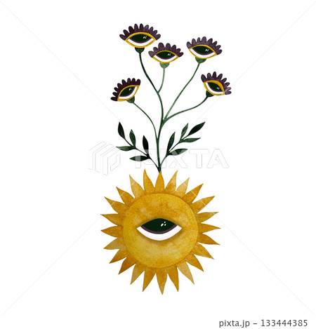 Watercolor sun and flowers. Stylized sun with eye and wildflowers growing from it isolated on white. 133444385
