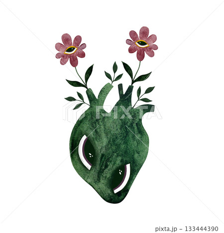 Watercolor forest heart. Green anatomical heart with eyes, wildflowers growing from it on white. Watercolor forest heart. Green anatomical heart with eyes, wildflowers growing from it on white. 133444390