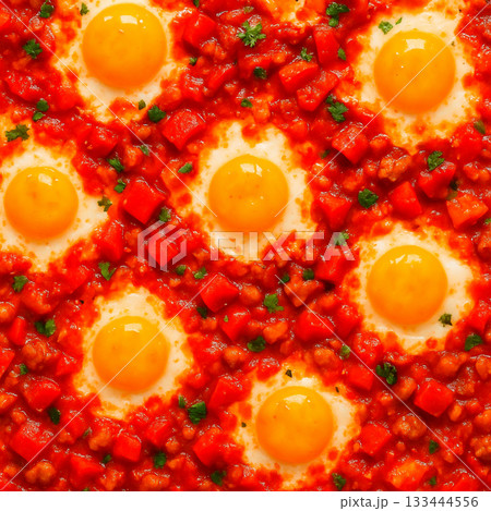卵とトマトの鮮やかなシャクシュカ風パターン背景 卵とトマトの鮮やかなシャクシュカ風パターン背景 133444556