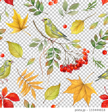 Fall leaves, berries and green birds watercolor seamless pattern on white background. Autumn nature hand drawn illustration. Ideal for fabric prints, wrapping paper, wallpapers, and seasonal designs 133444818