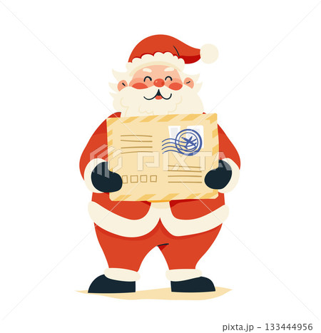 Merry Christmas illustration, cute Santa Claus with envelope in his hands, vintage flat cartoon illustration isolated on white background. 133444956