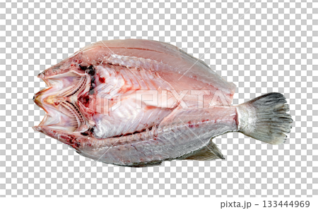 Raw, prepared whole fish, filleted open showing clean white flesh and delicate bones. Isolated, ready for cooking or seafood preparation. Fresh, natural ingredients. 133444969