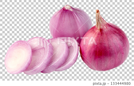 Whole red onions and sliced red onion rings isolated. Fresh and vibrant ingredients for cooking, with a focus on texture and color. High quality food photography. Whole red onions and sliced red onion rings isolated. Fresh and vibrant ingredients for cooking, with a focus on texture and color. High quality food photography. 133444980