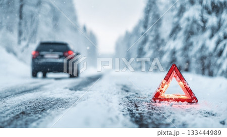 A warning triangle glows on a snowy winter road with a car stopped in the distance 133444989