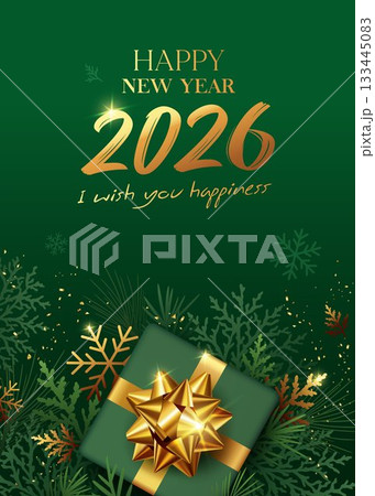 Happy new year 2026 ornaments gold and green gift box, pine leaf poster design 133445083