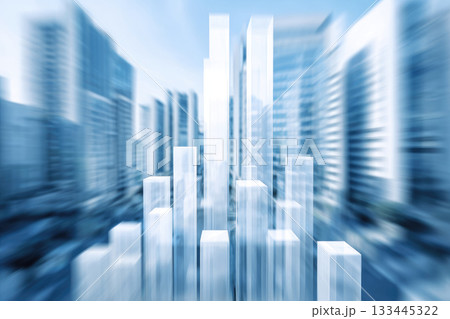 Abstract digital cityscape with blurred skyscrapers and floating 3D bar graphs, representing futuristic urban growth, technology, and financial data visualization in modern blue tone 133445322