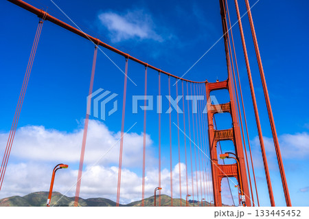 Golden Gate Bridge pedestrian walkway with red cables and blue sky Golden Gate Bridge pedestrian walkway with red cables and blue sky 133445452