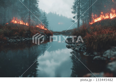 Wildfire reflected in calm river defocused smoke cloud burning forest moody atmosphere pine tree natural disaster environmental impact autumn overcast sky serene water 133445482