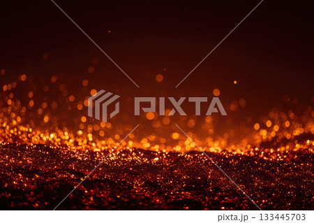Defocused wildfire embers glowing in haze, surreal night scene with orange sparks and bokeh effect, intense heat and dramatic atmosphere, abstract fiery background 133445703