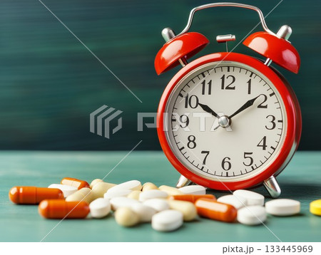 Alarm clock beside colorful pills on a reflective surface in bright light. Generative AI 133445969
