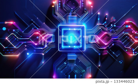 Futuristic digital technology concept with glowing circuit board and neon lights representing advanced computing and electronic integration in a dark background 133446023