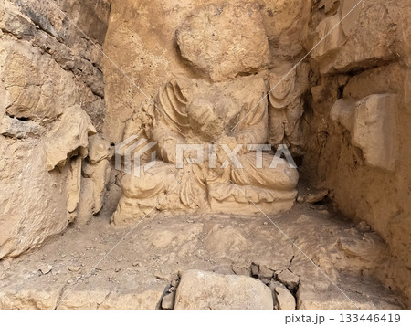Gandhara Buddhist sculpture showing Buddha and companions in sacred meditation zone Taxila Pakistan 133446419