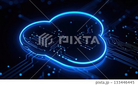 Futuristic cloud technology illustration with glowing circuit lines and digital data network connecting to a bright blue cloud icon for cloud computing and data storage 133446445