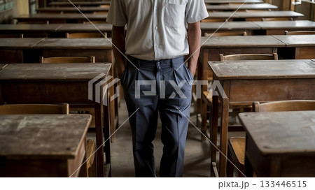 A student stands in an empty classroom surrounded by rows of wooden desks 133446515