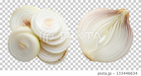 Set of fresh vegetable, sliced onion, isolated on a transparent background. 133446634
