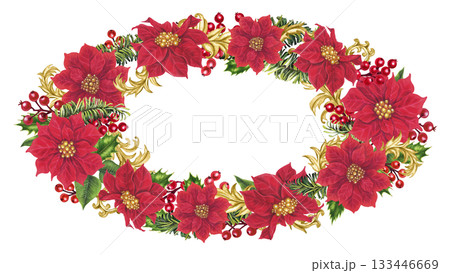 Rich oval frame with red poinsettias, holly, berries, fir branches, and gold vignettes. Elegant watercolor template for Christmas cards, invitations, seasonal decor, branding, holiday crafts. Rich oval frame with red poinsettias, holly, berries, fir branches, and gold vignettes. Elegant watercolor template for Christmas cards, invitations, seasonal decor, branding, holiday crafts. 133446669