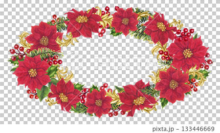 Rich oval frame with red poinsettias, holly, berries, fir branches, and gold vignettes. Elegant watercolor template for Christmas cards, invitations, seasonal decor, branding, holiday crafts. Rich oval frame with red poinsettias, holly, berries, fir branches, and gold vignettes. Elegant watercolor template for Christmas cards, invitations, seasonal decor, branding, holiday crafts. 133446669