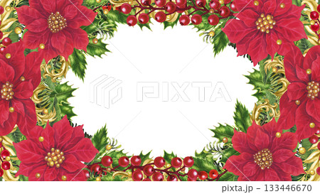 Rich oval frame with red poinsettias, holly, berries, fir branches, and gold vignettes. Elegant watercolor template for Christmas cards, invitations, seasonal decor, branding, holiday crafts. 133446670