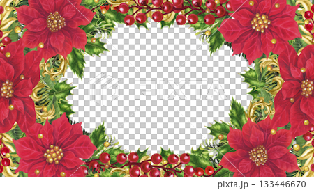 Rich oval frame with red poinsettias, holly, berries, fir branches, and gold vignettes. Elegant watercolor template for Christmas cards, invitations, seasonal decor, branding, holiday crafts. 133446670