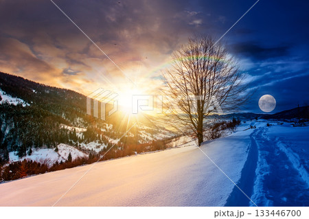 beautiful winter landscape with snow covered hills. day and night time change concept. serene rural scene in mountains with sun and moon. rolling countryside area. duality and transition template 133446700
