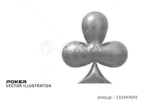 Halftone Poker club suit 3d. Vector illustration. Poker playing card. Circle halftone shape for casino, apps and websites or game design Halftone Poker club suit 3d. Vector illustration. Poker playing card. Circle halftone shape for casino, apps and websites or game design 133447645