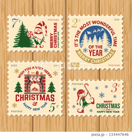 Postage stamps. Merry Christmas and Happy New Year 2026 retro postage stamp with Santa Claus, Christmas tree, gifts, poker card, casino chips, roulette. Vector illustration. Vintage design for xmas 133447646