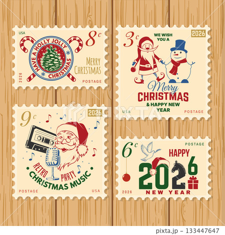 Postage stamps. Merry Christmas and Happy New Year 2026 retro postage stamp with Santa Claus, Christmas tree, gifts, poker card, casino chips, roulette. Vector illustration. Vintage design for xmas Postage stamps. Merry Christmas and Happy New Year 2026 retro postage stamp with Santa Claus, Christmas tree, gifts, poker card, casino chips, roulette. Vector illustration. Vintage design for xmas 133447647