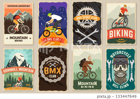 Bmx extreme sport club and Mountain biking retro poster, banner, magazine template. Vector illustration. Concept for shirt, logo, print, stamp, tee with man ride on a sport bicycle. Vintage typography Bmx extreme sport club and Mountain biking retro poster, banner, magazine template. Vector illustration. Concept for shirt, logo, print, stamp, tee with man ride on a sport bicycle. Vintage typography 133447649