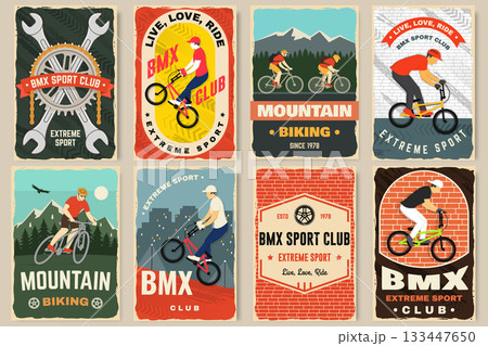 Bmx extreme sport club and Mountain biking retro poster, banner, magazine template. Vector illustration. Concept for shirt, logo, print, stamp, tee with man ride on a sport bicycle. Vintage typography 133447650