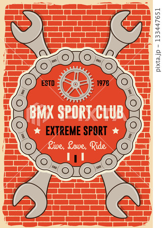 Bmx extreme sport club poster, banner, magazine template. Vector. Concept for shirt, logo, print, stamp, tee with sprocket, chain. Vintage typography design with bmx chain and sprocket silhouette. 133447651