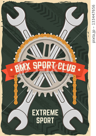 Bmx extreme sport club poster, banner, magazine template. Vector illustration. Concept for shirt, logo, print, stamp, tee with sprocket, chain. Vintage typography design with wrench, bmx sprocket and Bmx extreme sport club poster, banner, magazine template. Vector illustration. Concept for shirt, logo, print, stamp, tee with sprocket, chain. Vintage typography design with wrench, bmx sprocket and 133447656
