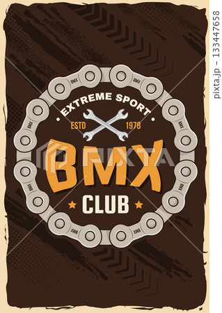 Bmx extreme sport club poster, banner, magazine template. Vector. Concept for shirt, logo, print, stamp, tee with sprocket, chain. Vintage typography design with wrench and chain silhouette. Bmx extreme sport club poster, banner, magazine template. Vector. Concept for shirt, logo, print, stamp, tee with sprocket, chain. Vintage typography design with wrench and chain silhouette. 133447658