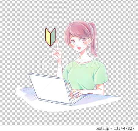 一位身著休閒裝的女士正在操作筆記型電腦,面帶微笑,可能是新手。 一位身著休閒裝的女士正在操作筆記型電腦,面帶微笑,可能是新手。 133447827