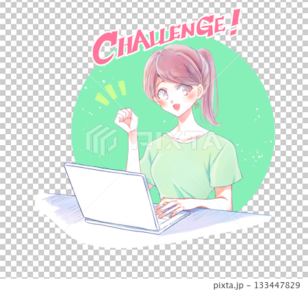 A woman in casual clothes operating a laptop, smiling, clenching her fist A woman in casual clothes operating a laptop, smiling, clenching her fist 133447829